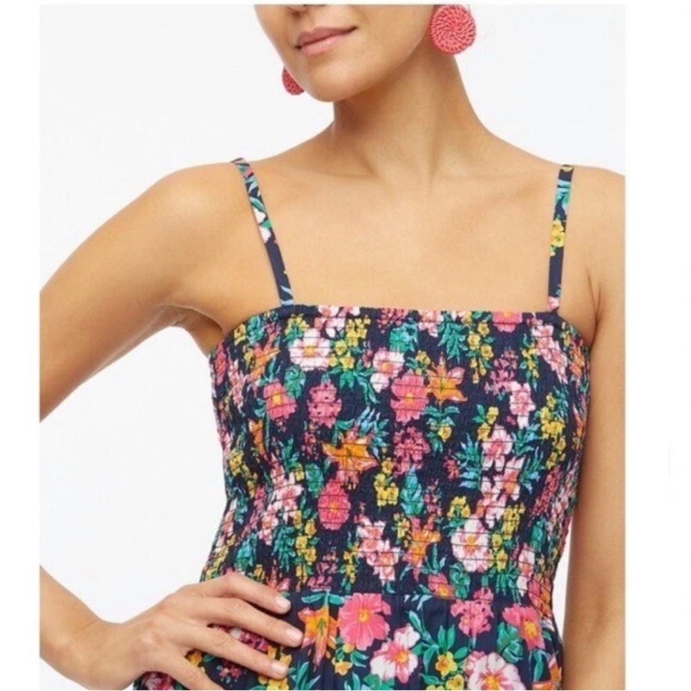 J Crew Floral Smocked Tiered Sleeveless A-Line Midi Dress Boho Navy Pink Size S - Picture 4 of 15